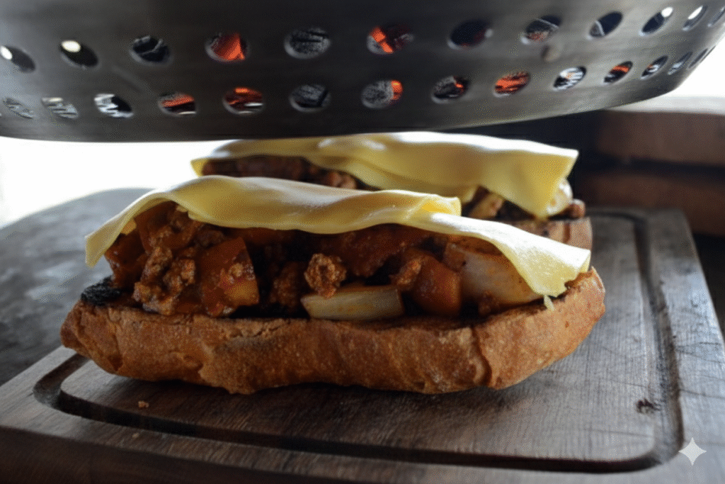 sanduiche-de-chilli-de-carne-e-pv-show-derretendo-o-queijo-com-ajuda-da-brasa-1024x683 Chile de Carne com Sanduíche na Parrilla