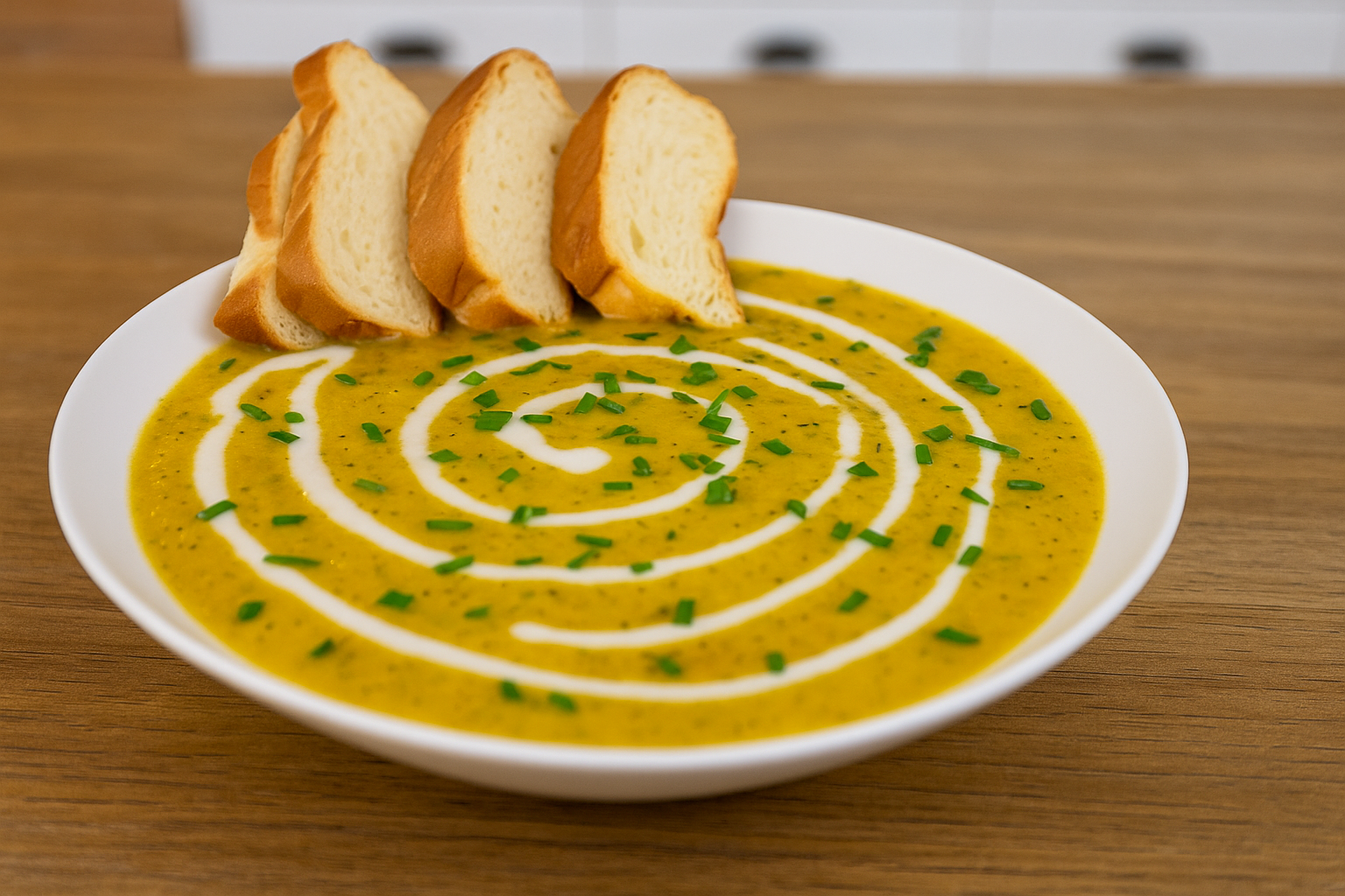Sopa cremosa de abóbora com gengibre e leite de coco servida com cheiro-verde