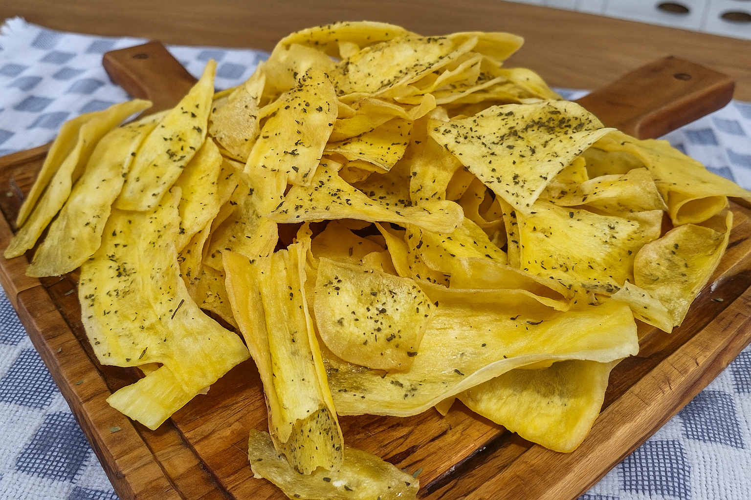 Chips de aipim crocantes e dourados em tigela