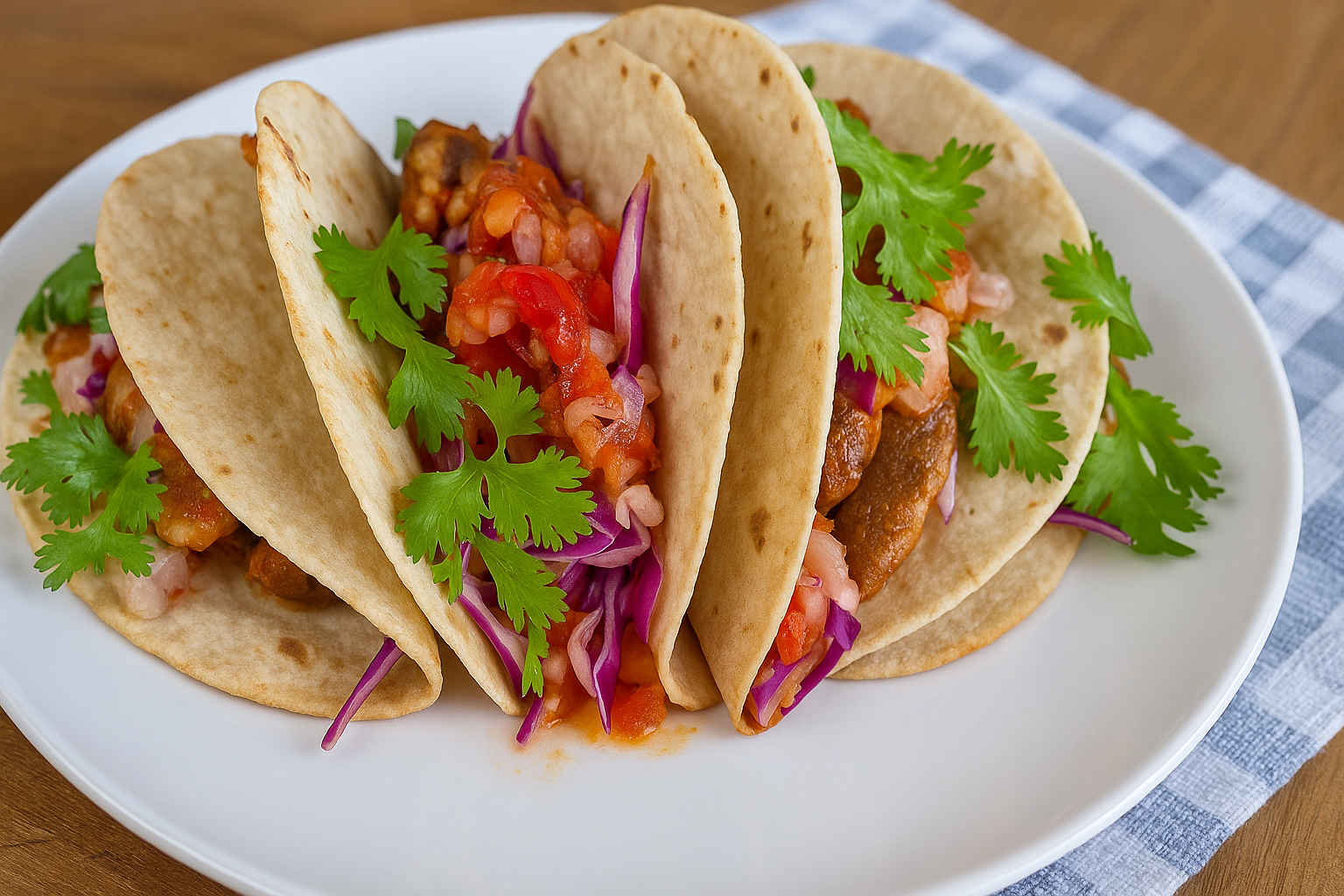 Taco de tainha servido com vinagrete de abacaxi e repolho roxo em tortilhas crocantes