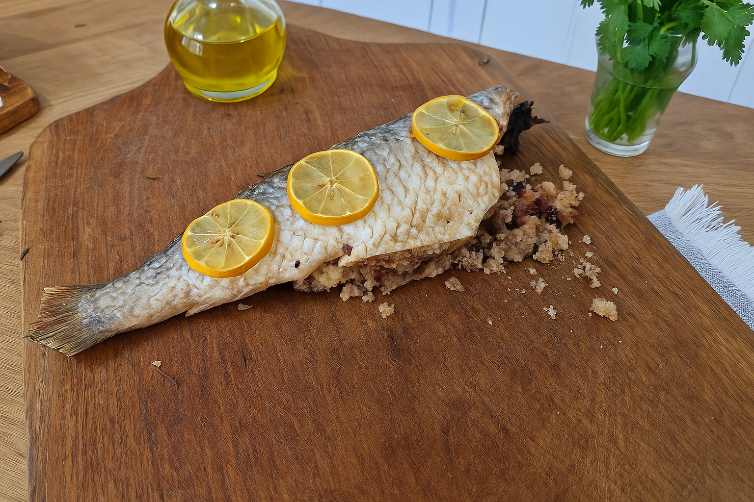 Tainha assada recheada com farofa de bacon dourada servida com arroz e salada