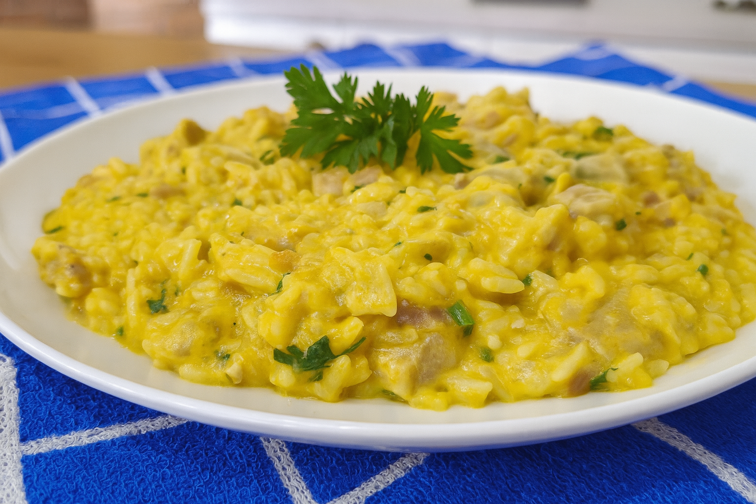 arroz de porco com abóbora cremoso servido em prato rústico