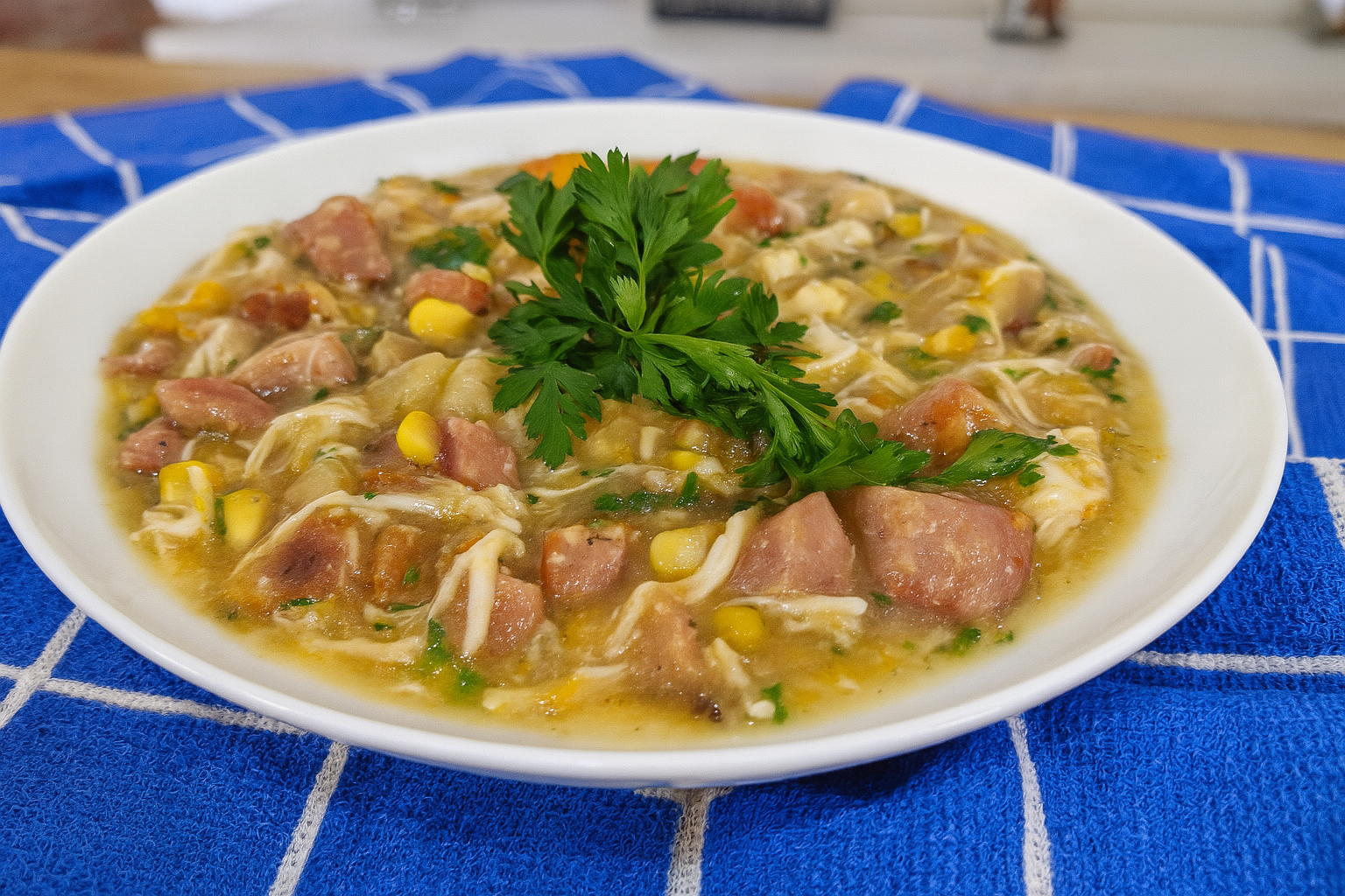Caldo de Kenga servido em cumbuca com cheiro-verde por cima