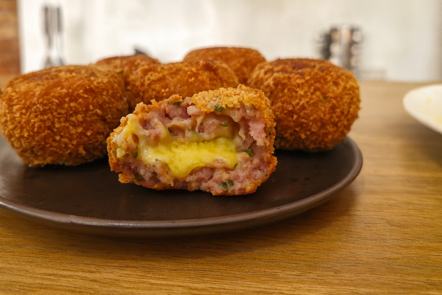 Bolinho crocante de linguiça toscana com queijo derretido por dentro