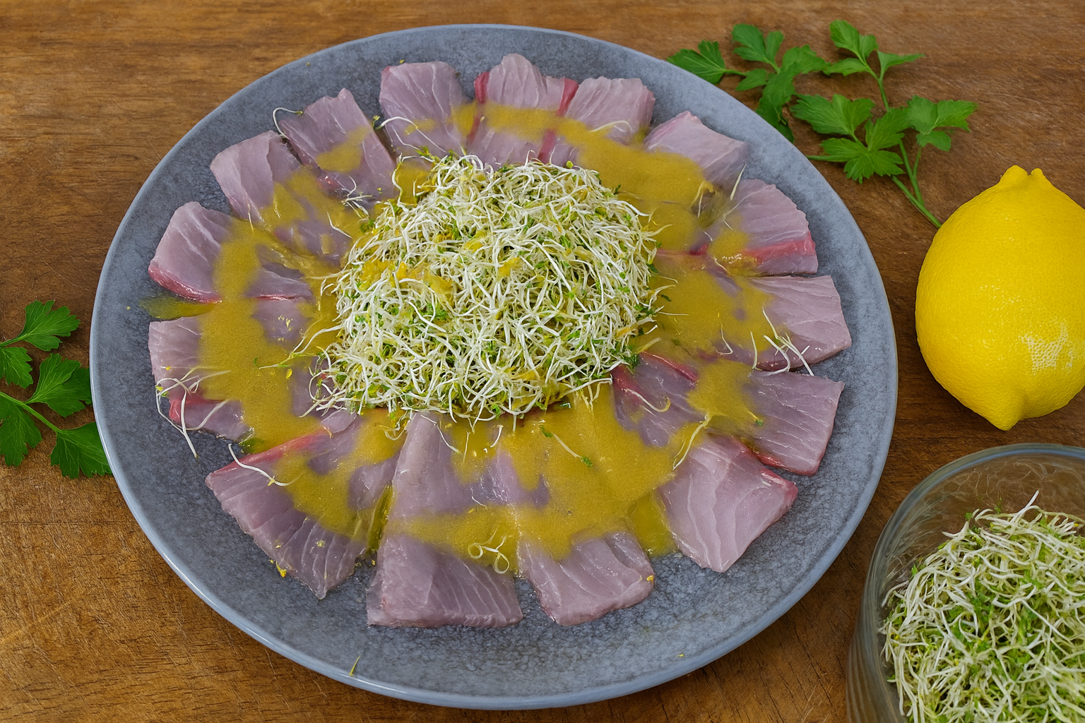 Carpaccio de olhete servido com molho de mostarda, folhas e raspas de limão