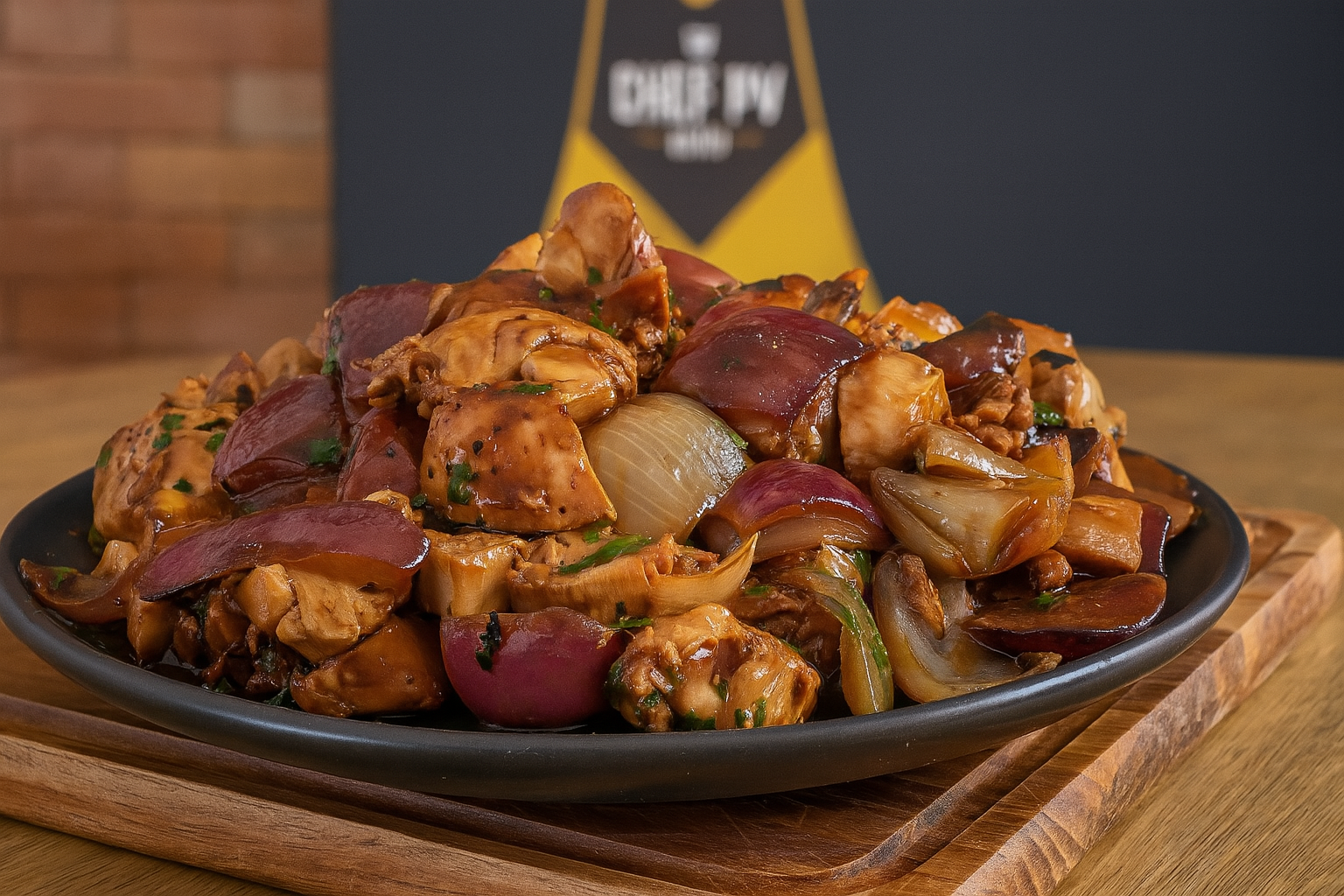 Frango xadrez grelhado na parrilla com legumes e molho oriental
