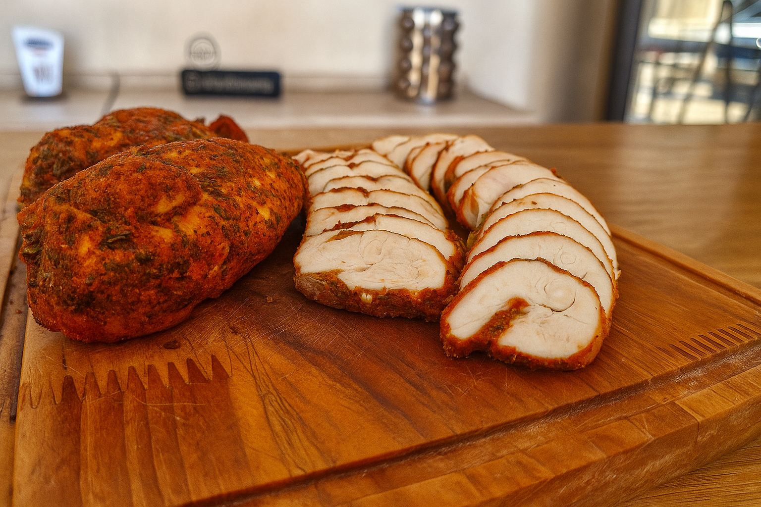 Presunto de frango caseiro fatiado em tábua de madeira.