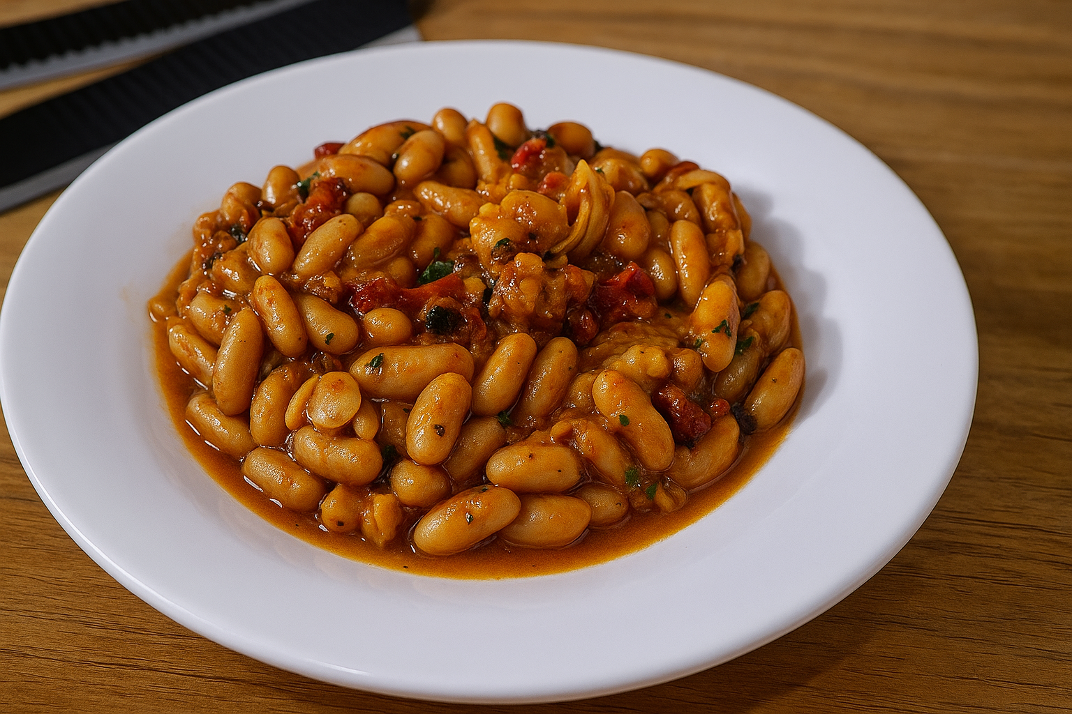 Feijão branco com cebolas caramelizadas