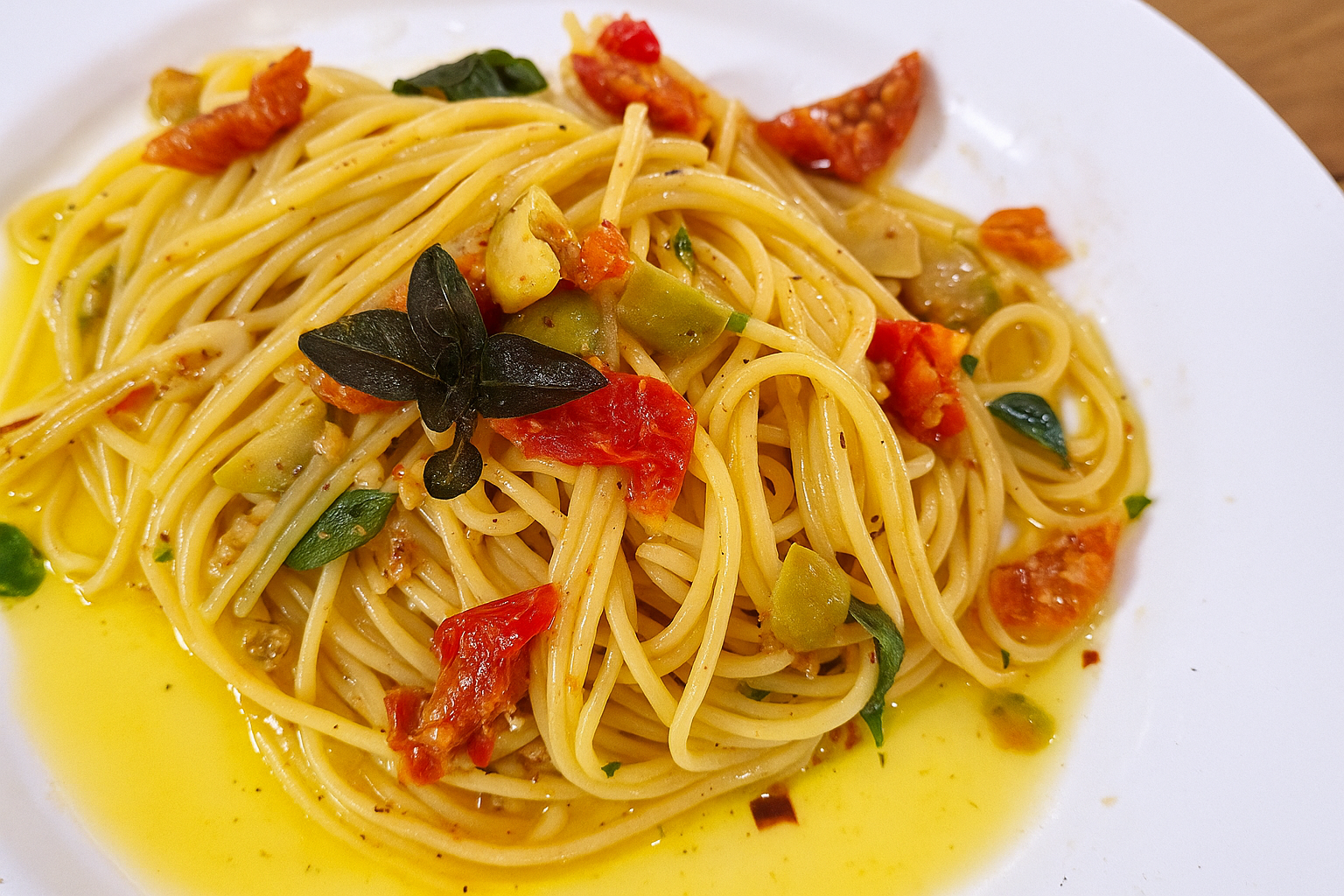 Espaguete vegano à siciliana com tomate seco, rúcula e azeitonas, finalizado com azeite