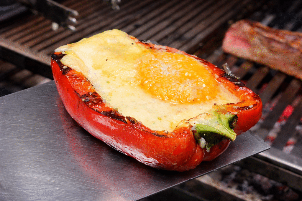 pimentao-assado-recheado-com-queijo-e-ovos-como-acompanhamento-1024x683 Prime Rib na Parrilla com Pimentão Recheado de Ovo e Queijo