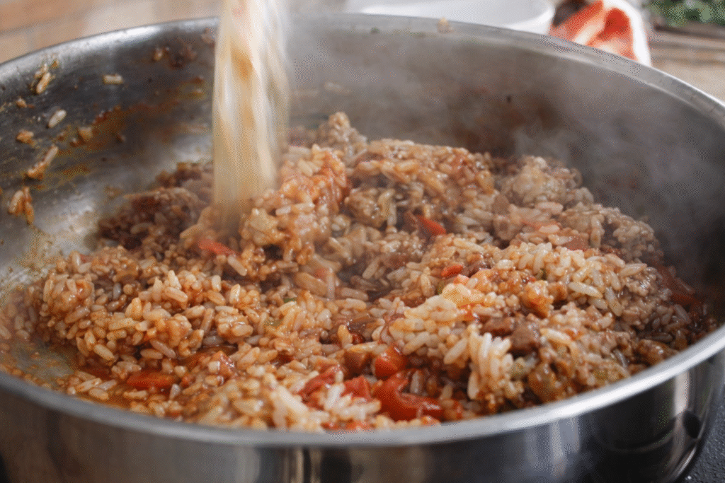 refogar-o-arroz-com-os-demais-ingredientes-e-perfeito-1024x683 Arroz com Linguiça: receita fácil, suculenta e perfeita para aproveitar sobras