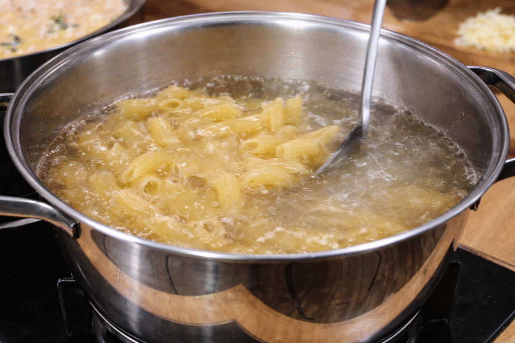 COZINHANDO-MACARRAO-DE-FORNO-1024x683 Macarrão de Forno com Presunto e Espinafre: Receita Cremosa e Gratinada