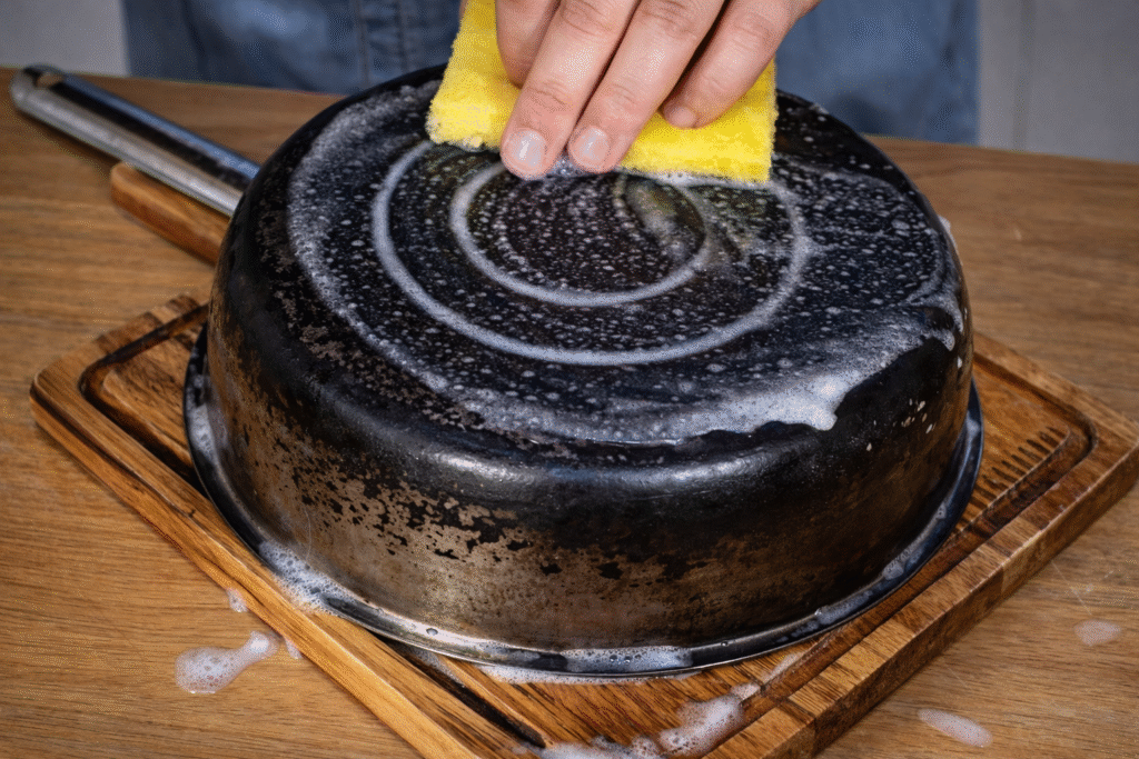 bicarbonado-age-soltando-a-sujeira-1024x683 Como Limpar Panela Encardida e Deixar Brilhando Como Nova