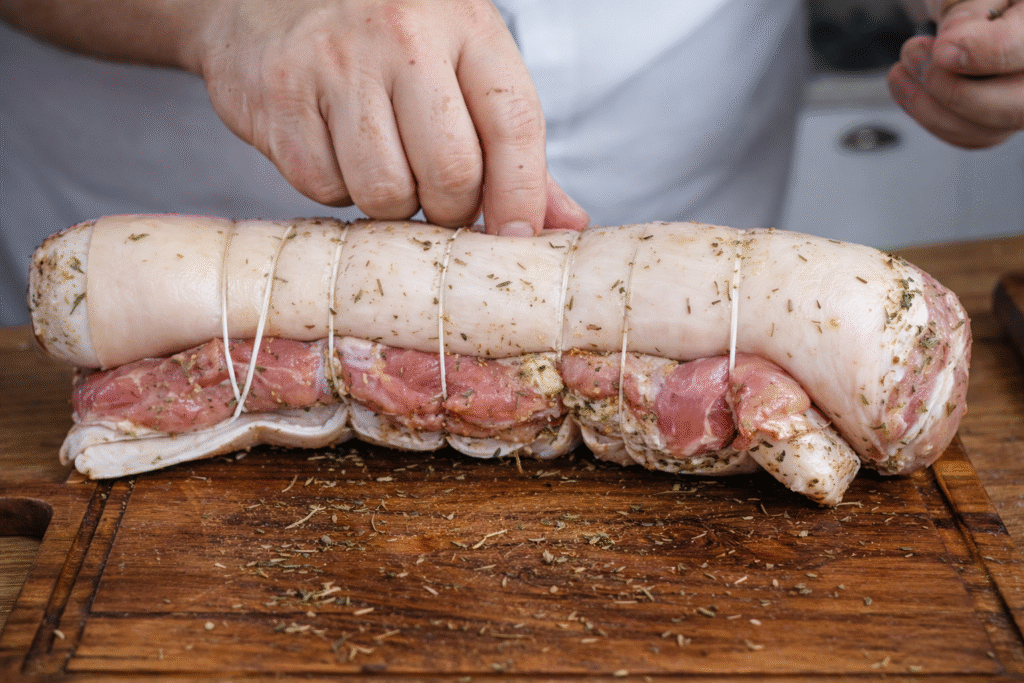 chef-pv-show-temperando-uma-panceta-suina-e-enrolando-para-assar-1024x683 Porchetta Assada com Pururuca: Receita Completa na Churrasqueira e no Forno