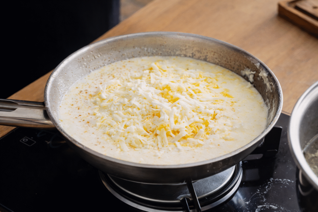 creme-de-queijos-sendo-preparado-1024x683 Mac and Cheese: Macarrão com Queijo Cremoso (Estilo Americano) com Bacon