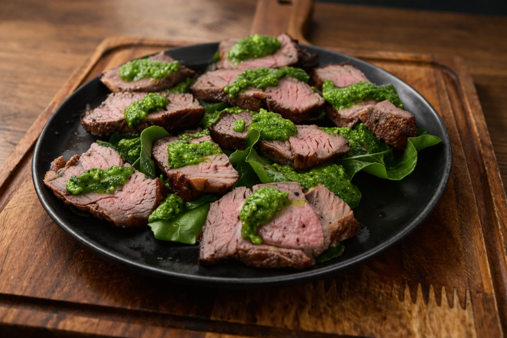 maminha-servida-com-molho-pesto-1-1024x683 Maminha na Churrasqueira com Pesto de Rúcula: Receita Suculenta e Diferente