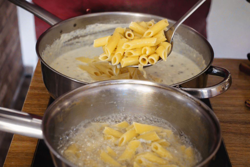 massa-ao-dente-mergulhando-no-molho-1024x683 Macarrão Quatro Queijos com Bacon: Receita Cremosa e Irresistível