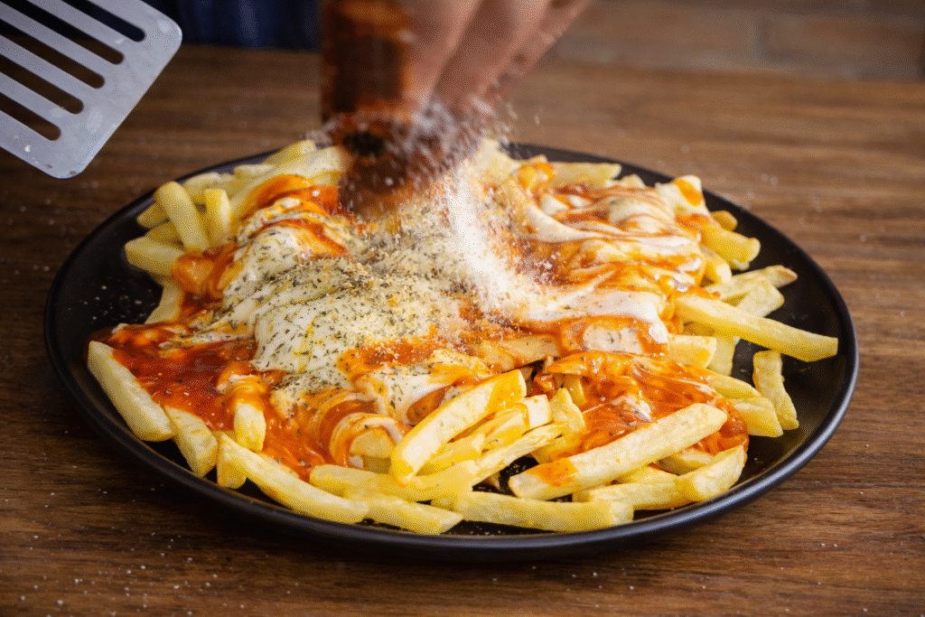 molho-de-tomate-e-queijo-nas-fritas-1-1024x683 Pizza de Batata Frita com Calabresa: Receita Crocante e Irresistível