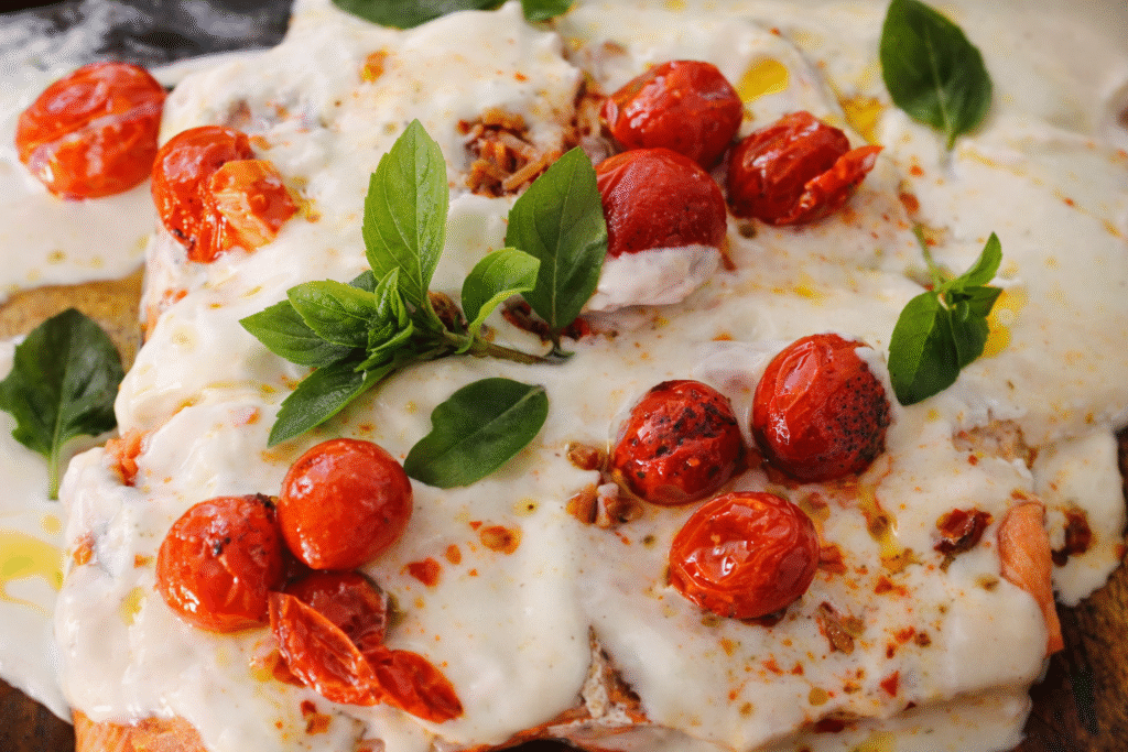 salmao-coberto-com-creme-de-queijos-e-uma-combinacao-caprese-1024x683 Salmão Grelhado com Creme de Queijo e Tomates Confitados