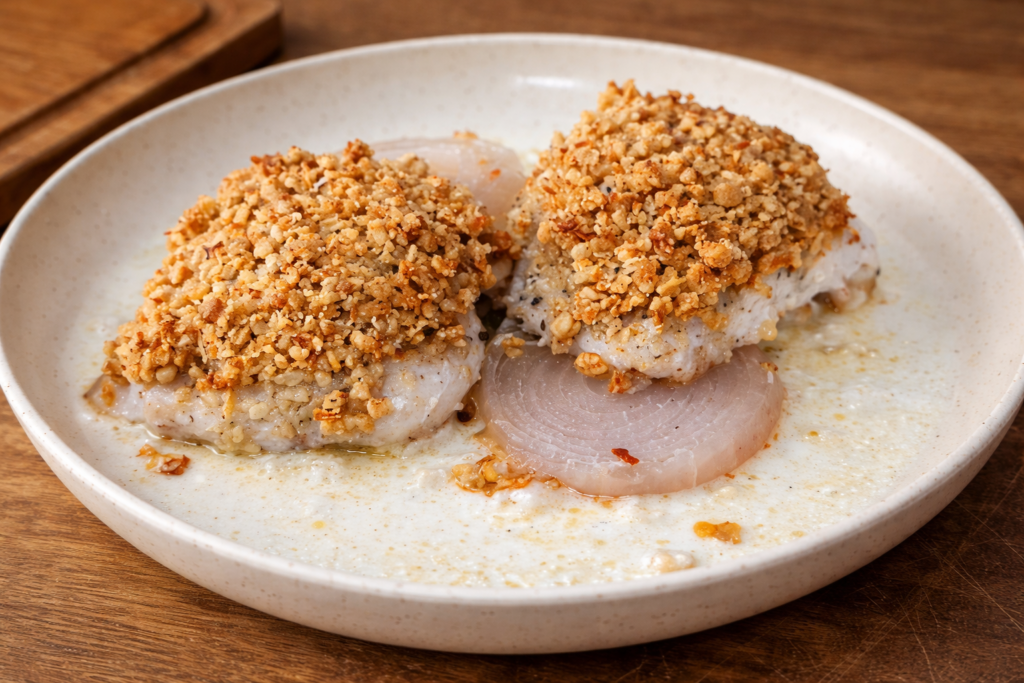file-de-peixe-com-crosta-de-nozes-2-1-1024x683 Dourado com Crosta de Nozes e Molho de Palmito: Receita Sofisticada e Fácil