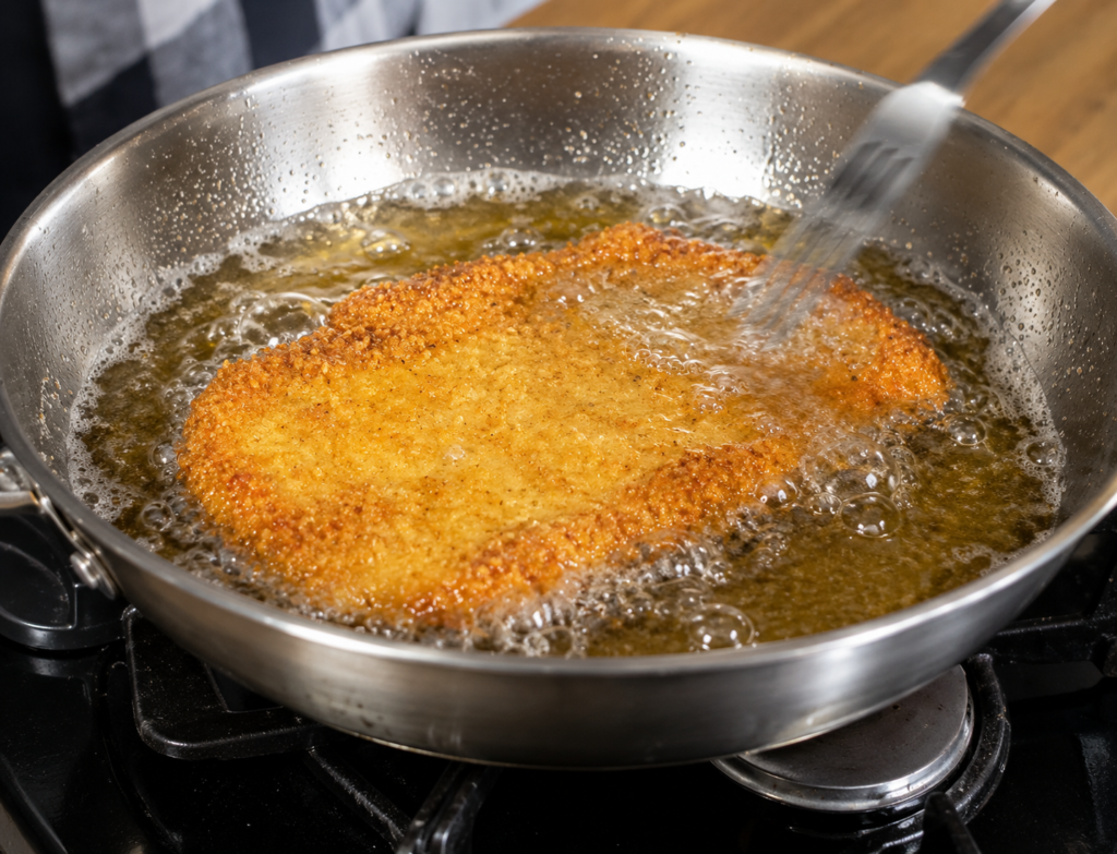 fritando-o-schnitzel-1024x783 Schnitzel Suíno: O Clássico Bife Empanado Alemão Crocante e Suculento
