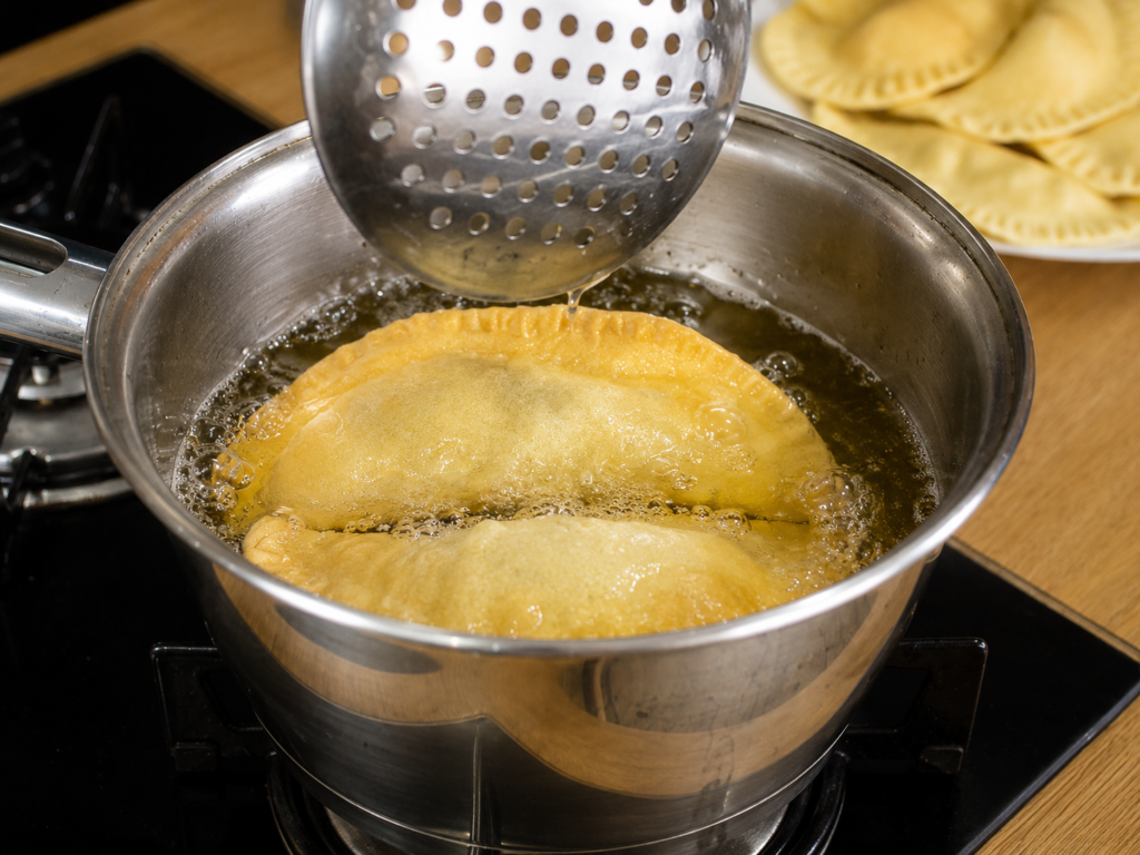 fritando-pastel-1024x768 Pastel de Frango com Milho e Requeijão: Receita Crocante, Cremosa e Perfeita para o Café da Tarde