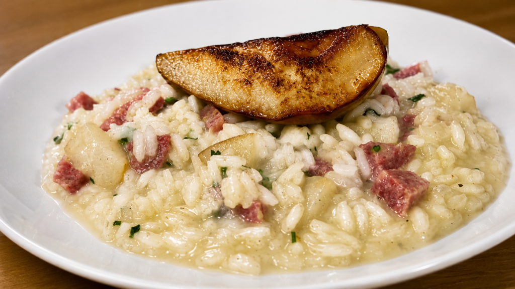 risoto-de-maca-com-salame-1-1024x576 Risoto de Pera com Salame Italiano e Grana Padano: Uma Combinação Sofisticada que Surpreende