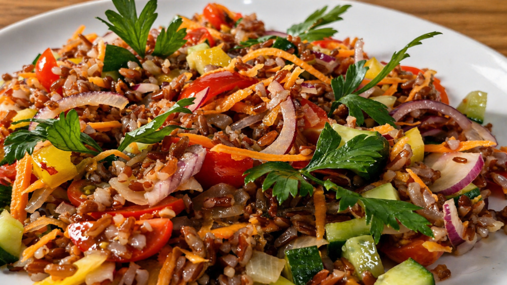 salada-de-arroz-vermelho-1024x576 Salada Vegana com Arroz Vermelho: Receita Completa, Nutritiva e Cheia de Textura