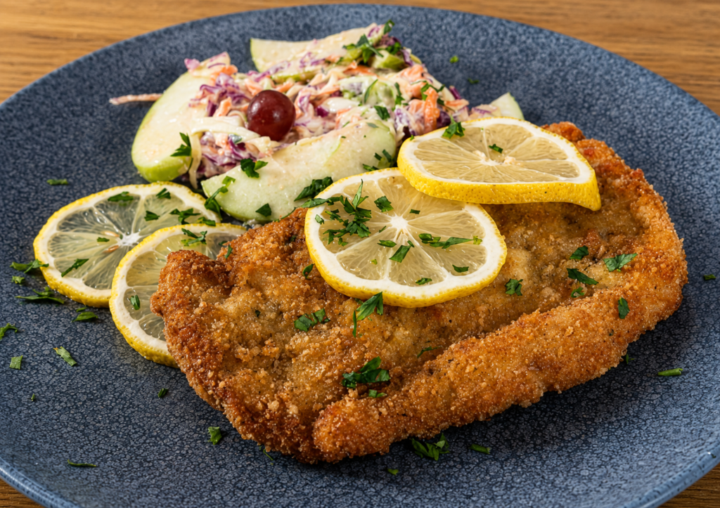 schnitzel-com-salada-refrescante-1024x723 Schnitzel Suíno: O Clássico Bife Empanado Alemão Crocante e Suculento