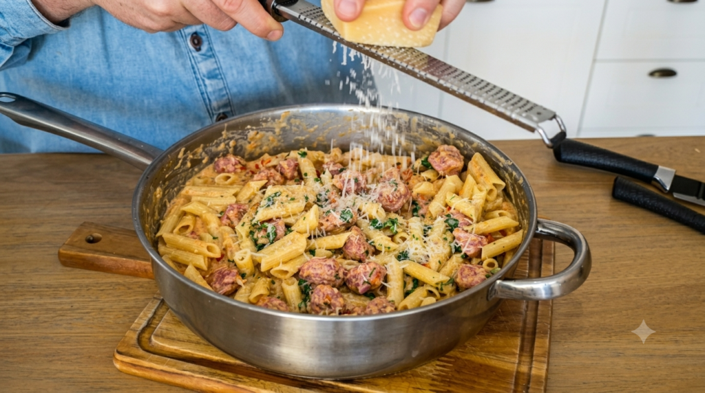 finalizando-macarrao-com-linguica-1024x572 Macarrão com Linguiça Toscana e Molho Cremoso de Tomate