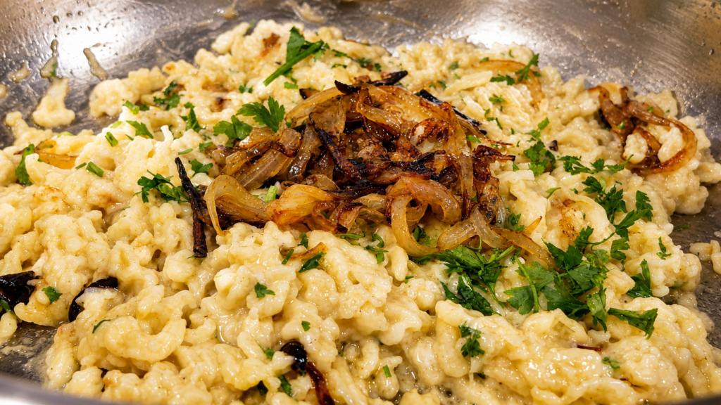 kasespatzle-austriaco3-1024x576 Käsespätzle Austríaco: Massa Caseira com Queijo e Cebola Dourada