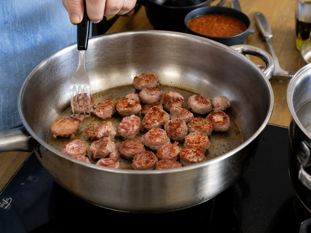 refogando-linguica-para-macarrao-1024x768 Macarrão com Linguiça Toscana e Molho Cremoso de Tomate