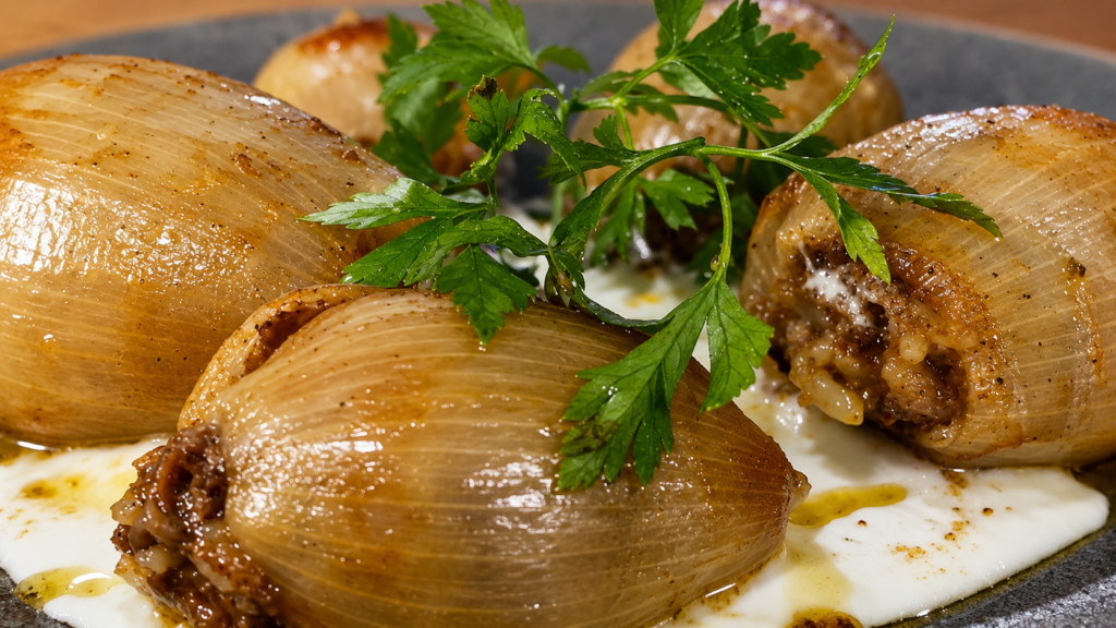 sogan-dolma-com-iogurte-1024x576 Sogan Dolma: Cebolas Recheadas com Carne e Arroz da Bósnia