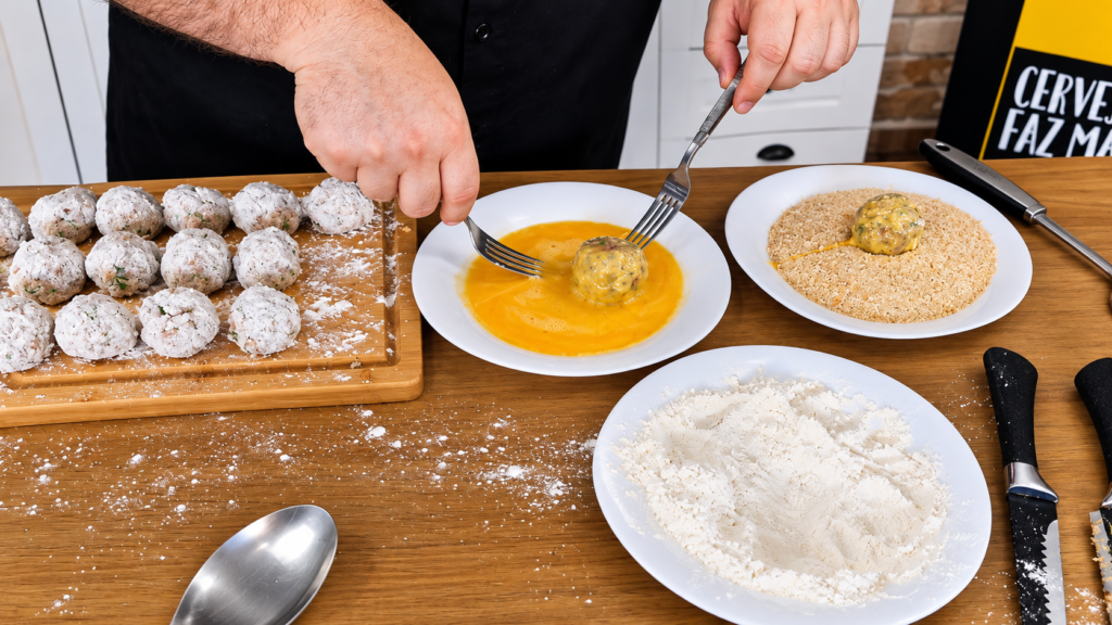 empanando-Bitterballen-1024x576 Bitterballen Holandês: Bolinho de Carne Cremoso e Crocante