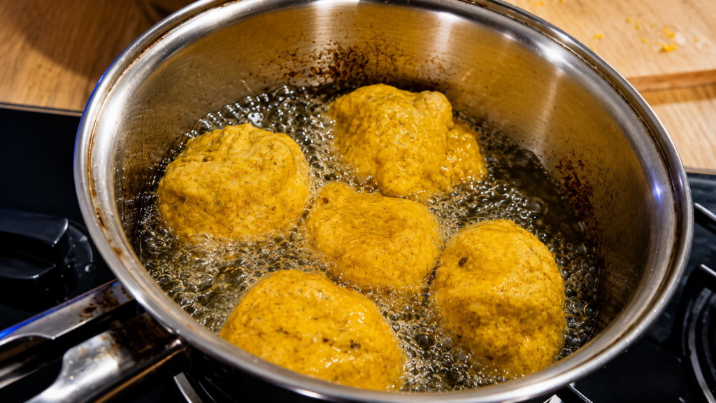fritando-Luqaimat-1024x576 Luqaimat do Catar: Bolinhos Fritos com Cardamomo e Calda de Tâmaras