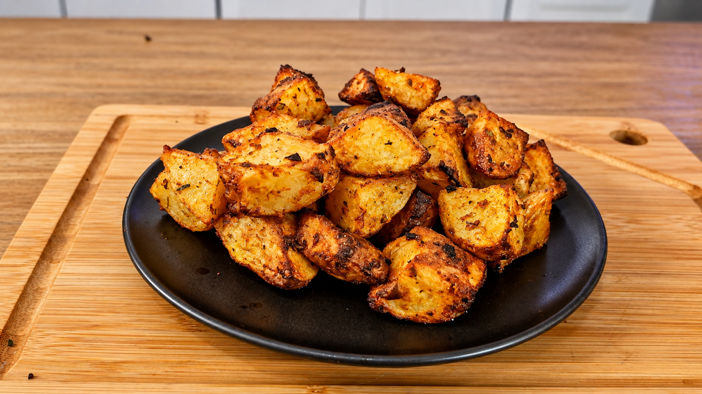 Batatas-Assadas-Douradas-no-Prato-Preto-1024x576 Batata Rústica na Airfryer: Crocante por Fora, Macia por Dentro e Econômica