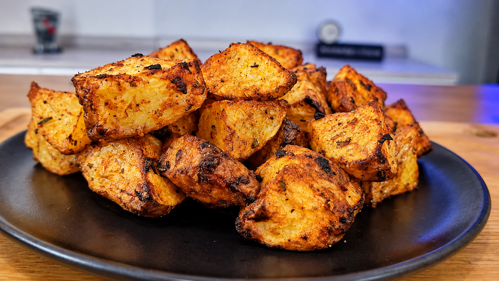 Batatas-rusticas-douradas-no-prato-preto-1024x576 Batata Rústica na Airfryer: Crocante por Fora, Macia por Dentro e Econômica