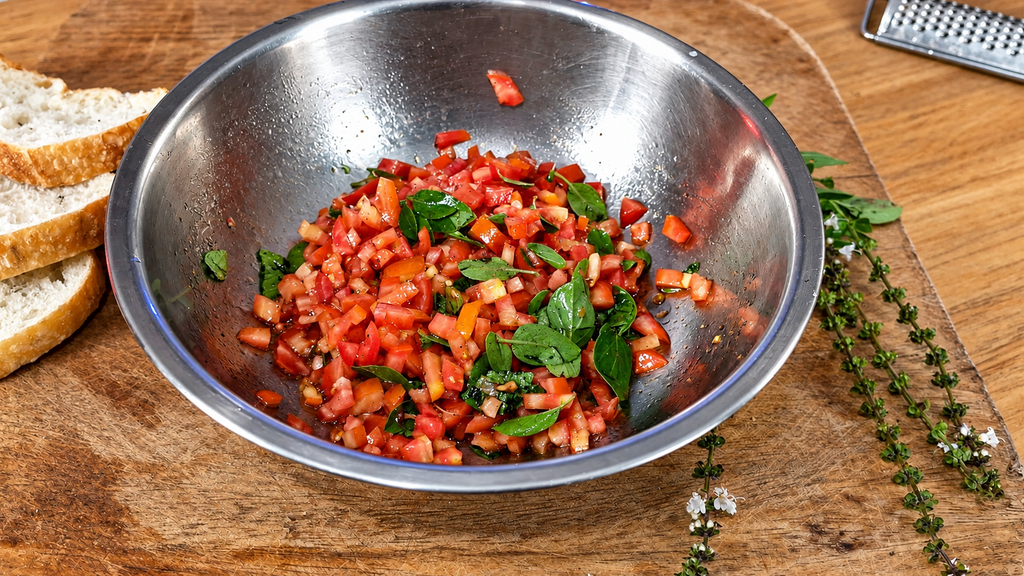 Bruschetta-Fresca-na-Tigela-de-Aco-1024x576 Bruschetta de Tomate e Manjericão: Receita Italiana Simples e Crocante