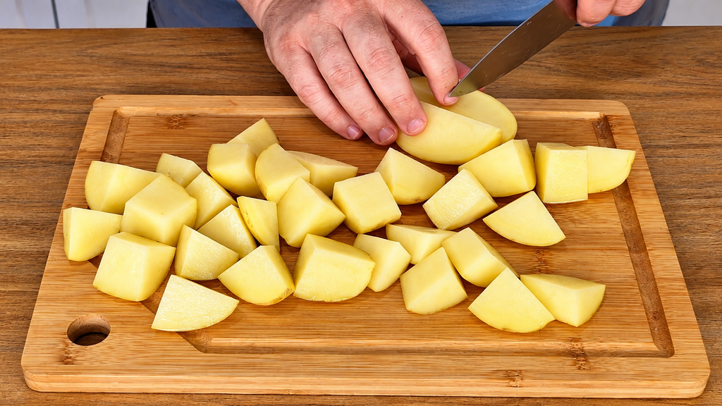 Cortando-batatas-na-tabua-de-madeira-1024x576 Batata Rústica na Airfryer: Crocante por Fora, Macia por Dentro e Econômica