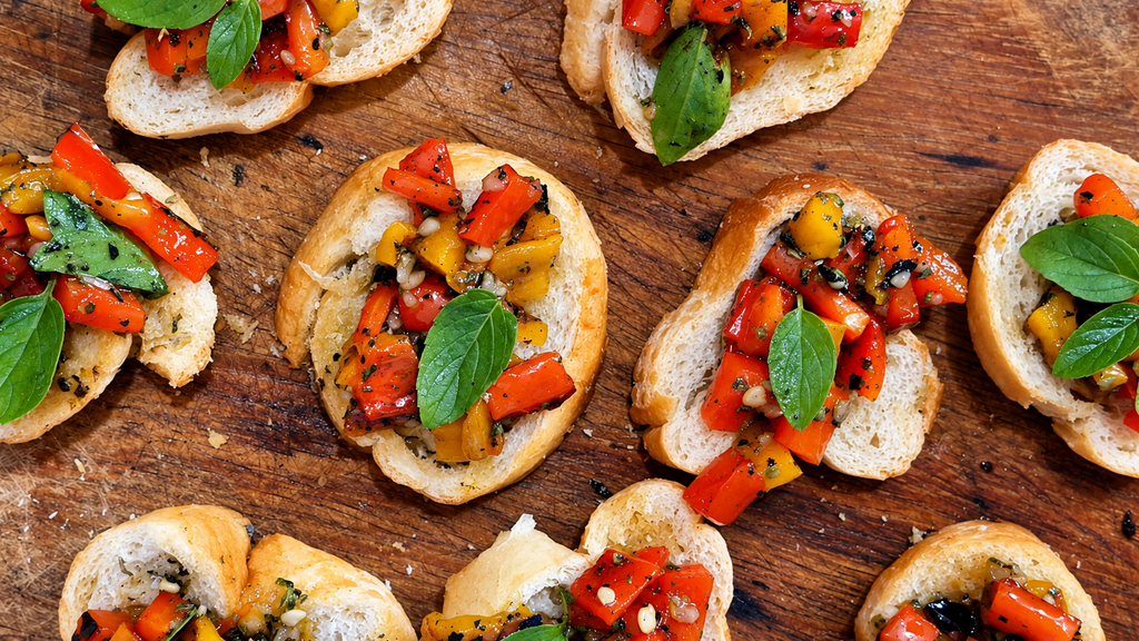 Crostini-Rusticos-com-Pimentoes-Assados-1-1024x576 Bruschetta de Pimentões Assados: Receita com Alho, Azeite e Ervas