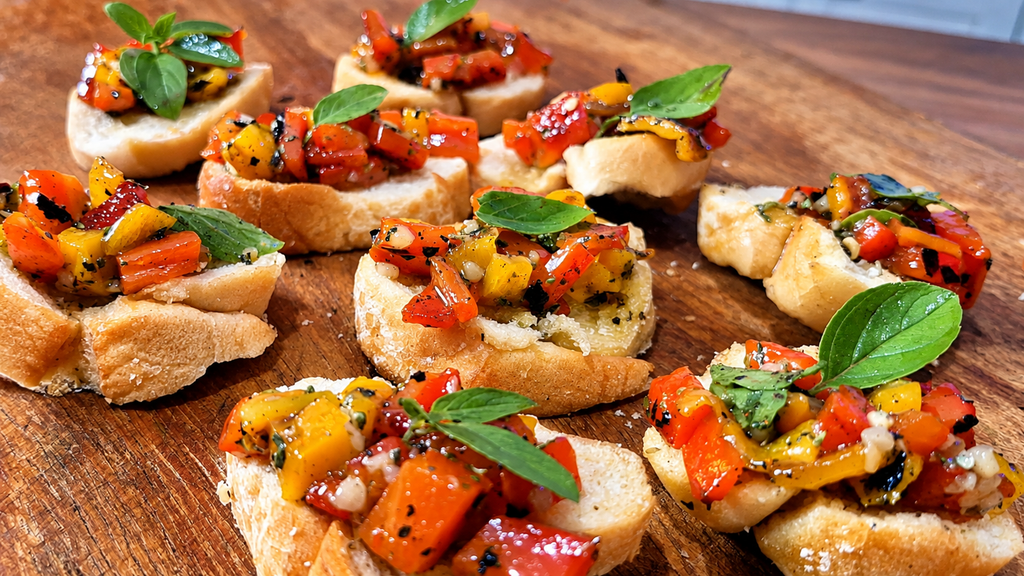 Crostini-Rusticos-com-Pimentoes-e-Manjericao-1-1024x576 Bruschetta de Pimentões Assados: Receita com Alho, Azeite e Ervas