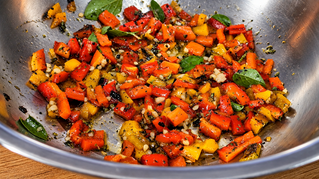 Pimentoes-Salteados-com-Ervas-e-Alho-1024x576 Bruschetta de Pimentões Assados: Receita com Alho, Azeite e Ervas